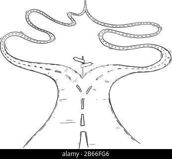 Vector black and white conceptual business drawing or illustration of fork in the road or crossroad,two ways with same destination, no decision or real options to choose from. Stock Vector
