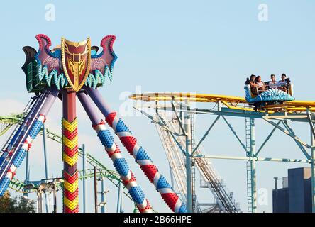 People have fun on a carousel in the 'Parque de la Costa'. Tigre, Buenos Aires, Argentina. Stock Photo