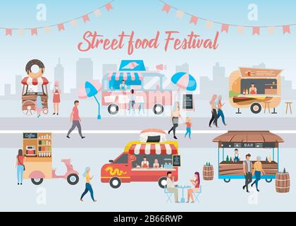 Street food festival poster vector template. Fast food fest. Brochure, cover, booklet page concept design with flat illustrations. Meal sale Stock Vector
