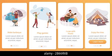 Summer camping festival onboarding mobile app screen vector template. Summertime camp activity. Walkthrough website steps with flat characters. UX, UI Stock Vector