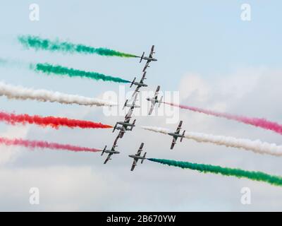 The Frecce Tricolori aerobatic diplay team, 10 Aermacchi AT-339As aircraft at the RIAT 2019 Fairford Gloucestershire UK Stock Photo
