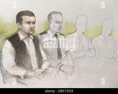 File court artist sketch dated 09/03/20 by Elizabeth Cook of Henry Long, 18, (left) sitting beside a dock officer at the Old Bailey. Long is on trial, along with two teenagers who cannot be named, for the murder of Pc Andrew Harper in Sulhamstead on August 15, 2019. Stock Photo