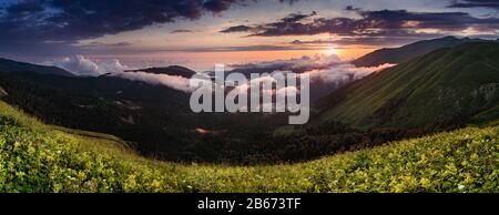 Mountain panoramic forest landscape under evening sky with fog and clouds at sunset. Filtered image Stock Photo