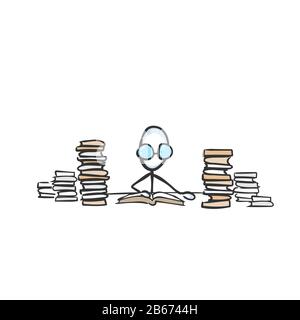 Nerd studies in library. Man reading a book. Education books. Hand drawn. Stickman cartoon. Doodle sketch, Vector graphic illustration Stock Vector