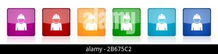 Engineer icon set, worker, manager, employe colorful square glossy vector illustrations in 6 options for web design and mobile applications Stock Vector