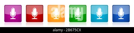 Microphone icon set, colorful square glossy vector illustrations in 6 options for web design and mobile applications Stock Vector