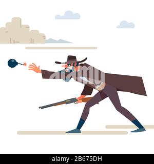Cowboy with a rifle throws a bomb. The Old Wild West. Cartoon vector illustration. Flat style. Isolated on white background Stock Vector