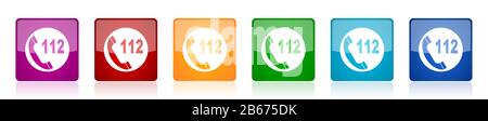 Emergency call icon set, colorful square glossy vector illustrations in 6 options for web design and mobile applications Stock Vector