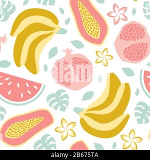 Seamless pattern with exotic fruits on white background. Banana, pomegranate and papaya. Organic food print. Flat vector illustration. Stock Vector