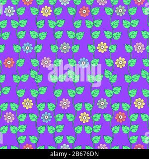 Green leaves on wavy stems and multi-colored flower buds with petals on violet background seamless pattern, cartoon drawing. Natural, floral, fabric, Stock Vector