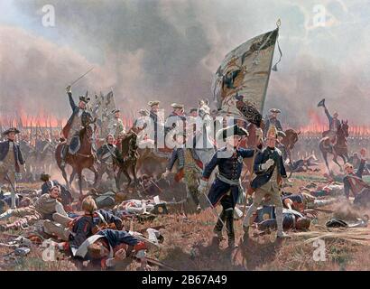 BATTLE OF ZORNDORF 25 August 1758. Frederick II of Prussia holds the flag  while advancing against Russian troops in painting by Carl Rochling Stock  Photo - Alamy