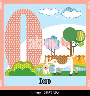 Vector cartoon flashcards of animal numbers, number 0. Colorful cartoon illustration of number 0 and goat vector character. Bright colors zoo wildlife Stock Vector
