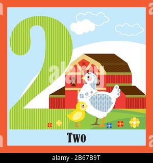 Vector cartoon flashcards of animal numbers, number 2. Colorful cartoon illustration of number 2 and hen vector character. Bright colors zoo wildlife Stock Vector