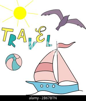 Set on the summer, sea theme with the inscription - travel - sailboat, seagull, sun. For the design of postcards, posters, wrapping paper, wallpaper Stock Vector