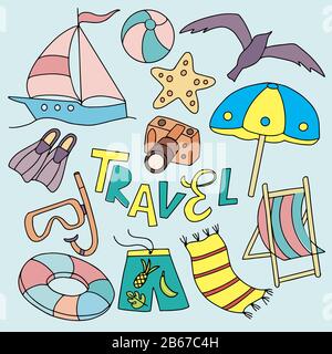 Set on the theme of travel in the doodle style on a blue backgraund, for the design of covers for notebooks, packages, backpacks, wallpapers, posters Stock Vector