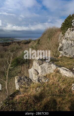 The Cliffs of Beacon Brest (Warton Crag) With Views Of Morecambe Bay Stock Photo