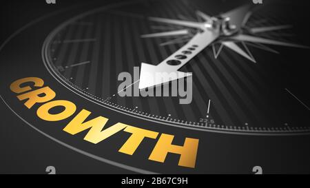 3D Illustration of an Abstract Compass Over Black Background with Needle Pointing the Text: Growth - Business Concept. Stock Photo