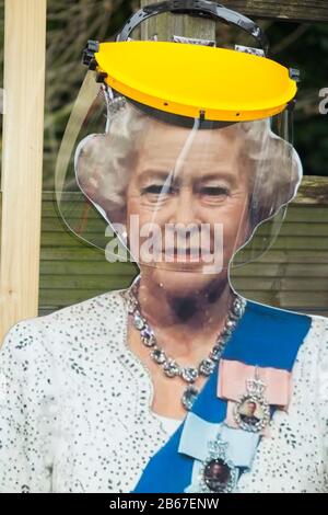 Twickenham, London, UK. 10th March 2020. Here's a suggested Crown accessory to help HRH the Queen to stay safe from Coronavirus, for £6.99. Visor available from Screwfix. Credit: David Gee/Alamy Live News (116) Stock Photo