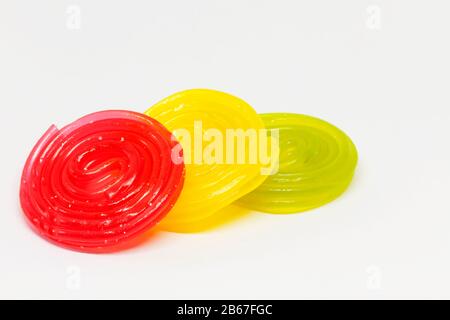 candy laces in three different colors on white background Stock Photo