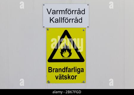 sign with the text - hot and cold storage, flammable liquids Stock Photo