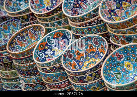 Colorful bowls at an oriental market Stock Photo