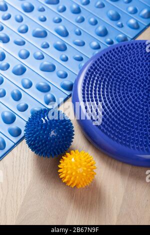 massage rubber balls, balance cushion, mat and roller for self massage and reflexology