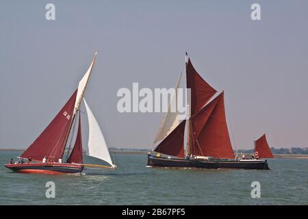 Thames sailing barge Centaur and Essex oyster smack CK328 Sunbeam in full sail Stock Photo