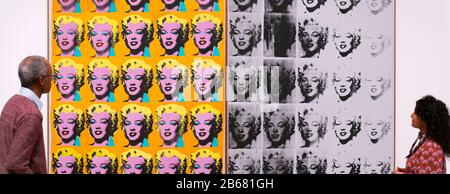 Tate Modern, London, UK. 10th March 2020. Major new exhibition at Tate Modern, the first at the gallery for almost 20 years (from 12 March-6 Sept 2020), offers a rare insight into how Warhol and his work marked a period of cultural transformation. Image: Marilyn Diptych 1962. Silkscreen and metallic paint on canvas. Udo and Anette Brandhorst Collection. Credit: Malcolm Park/Alamy Live News. Stock Photo