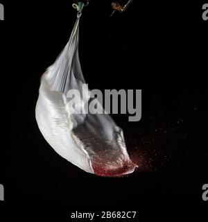 Bursting balloon full of coloured powder and glitter on a black background Stock Photo
