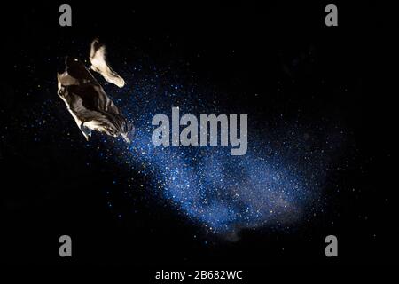 Bursting balloon full of coloured powder and glitter on a black background Stock Photo