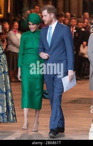 London, Britain. 9th Mar, 2020. Prince Harry and his wife Meghan Markle leave Westminster Abbey after attending the annual Commonwealth Service at Westminster Abbey on Commonwealth Day in London, Britain, March 9, 2020. Credit: Ray Tang/Xinhua/Alamy Live News Stock Photo