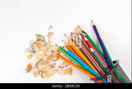 sharped pencils with Pencil Shaving isolated on white Stock Photo