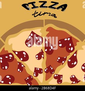 Pizza time. Heart shaped pizza. Lettering. Design for menu, flyer, logo, business card and advertisement. Stock Vector