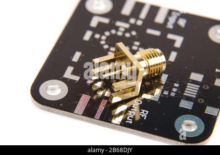 Female printed circuit board edge launch SMA connector for RF and microwave signals Stock Photo