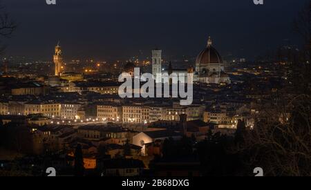 Florence illuminated view from Piazzale Michelangelo at sunset Stock Photo
