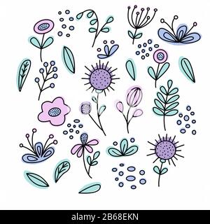 Set of vector small leaves and flowers on a white background. For the design of wallpapers, phone covers, prints for textiles, pillows, wrapping paper Stock Vector