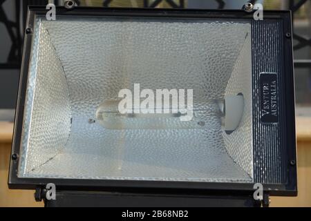 Dubai UAE - November 2019: Close up outdoor LED lamp on the yard. Large outdoor light for building coloring. LED flood light, spot light which lights Stock Photo