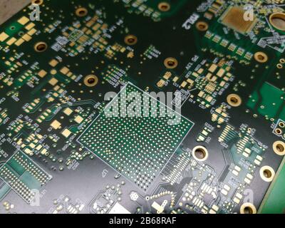 Macro close up of BGA ball grid array technology footprint on electronic printed circuit borad Stock Photo