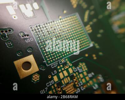 Macro close up of BGA ball grid array technology footprint on electronic printed circuit borad Stock Photo