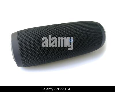 Modern wireless loudspeaker for bluetooth music play isolated on the white background Stock Photo