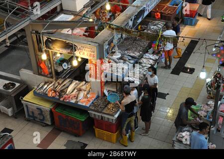 Tekka Market, Little India in Singapore, looking down on the wet market which sells fish, seafood and meat. This corner of the market sells fresh fish Stock Photo