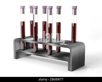 3D rendering of metal rack with medical test tubes with blood samples on white Stock Photo