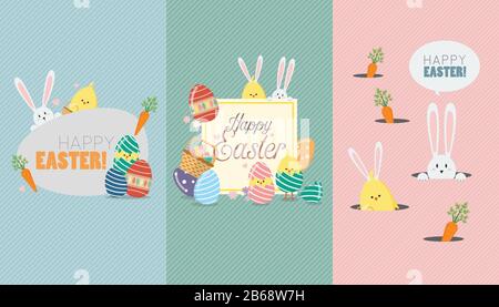 Happy Easter greeting card collection. Cute cartoon elements vector illustration Stock Vector