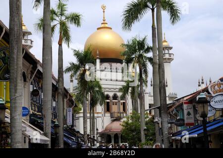 The Sultan Mosque, also known as Masjid Sultan, seen from Bussorah Street, in the Arab Street or Kampong Glam area of Singapore. Stock Photo