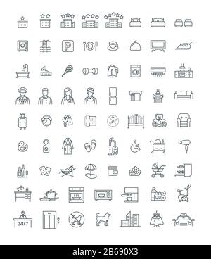 Booking hotel, motel or hostel room with services thin line vector icons. Rent an apartment with private facilities while traveling. Black outline sym Stock Vector