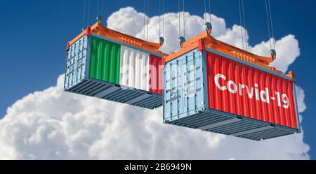 Container with Coronavirus Corvid-19 text on the side and container with Italy Flag. Concept of international trade spreading the Corona virus. Stock Photo