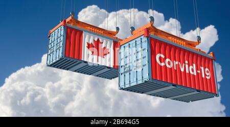 Container with Coronavirus Corvid-19 text on the side and container with Canada Flag. Concept of international trade spreading the Corona virus. Stock Photo