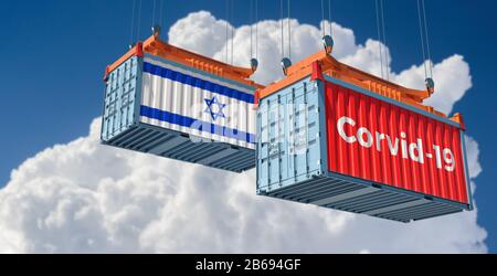 Container with Coronavirus Corvid-19 text on the side and container with Israel Flag. Concept of international trade spreading the Corona virus. Stock Photo