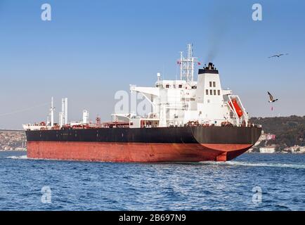 Stern of a large tanker cargo ship on route to Bosporus strait in Black sea. Turkish water transport concept Stock Photo