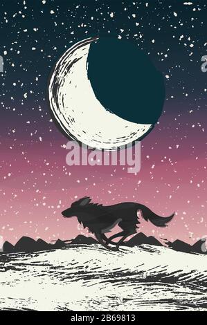 Silhouette of running wolf or dog. On background big moon and stary night sky. Stock Vector